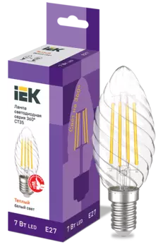 Лампа светодиодная E27 свеча витая/CT35, 7Вт, 3000K / теплый свет, 840лм, филаментная, IEK 360° (LLF-CT35-7-230-30-E27-CL)