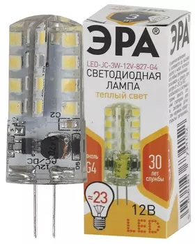 Лампа светодиодная G4, JC, 12В, 3Вт, 240лм, 2700K/нейтральный, 80 Ra, ЭРА LED-JC-3W-12V-827-G4 (Б0033193)