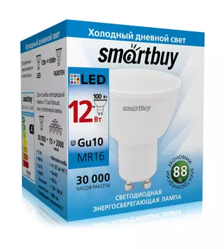 Лампа светодиодная GU10, MR16, 12Вт, 960лм, 6000K/холодный, 80 Ra, Smartbuy Gu10-12W/6000/ (SBL-GU10-12-60K)