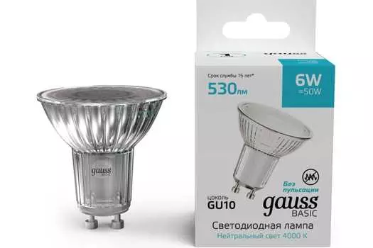 Лампа светодиодная GU10, MR16, 6 Вт, 530лм, 4000K/нейтральный, 80-89 Ra, GAUSS Basic Софит (10106262)