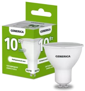 Лампа светодиодная GU10, PAR16, 10Вт, 1000лм, 4000K/нейтральный, 80-89 Ra, GENERICA (LL-PAR16-10-230-40-GU10-G)