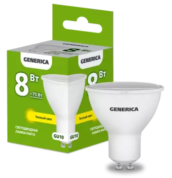 Лампа светодиодная GU10, PAR16, 8Вт, 800лм, 3000K/теплый, 80-89 Ra, GENERICA (LL-PAR16-08-230-30-GU10-G)
