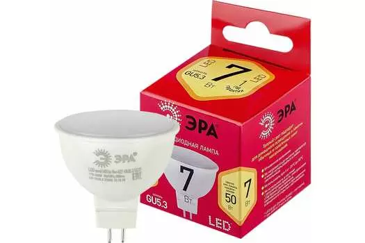 Лампа светодиодная GU5.3, 7 Вт, 560лм, 2700K/теплый, 80 Ra, Эра RED LINE LED MR16-7W-827-GU5.3 R (Б0050231)