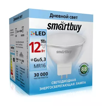 Лампа светодиодная GU5.3, MR16, 12Вт, 960лм, 4000K/белый, 80 Ra, Smartbuy Gu5,3-12W/4000/ (SBL-GU5_3-12-40K)