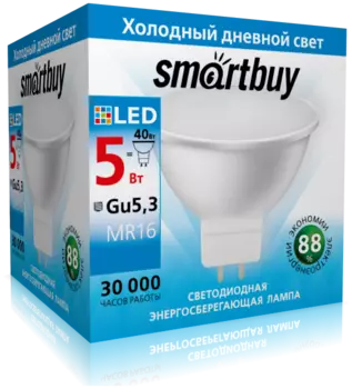 Лампа светодиодная GU5.3, MR16, 5Вт, 400лм, 6000K/холодный, 80 Ra, Smartbuy Gu5,3-05W/6000 (SBL-GU5_3-05-60K-N)