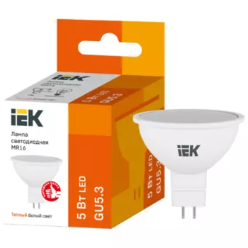 Лампа светодиодная GU5.3, MR16, 5Вт, 450лм, 3000K/теплый, IEK (LLE-MR16-5-230-30-GU5)