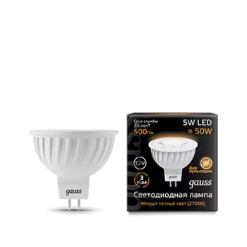 Лампа светодиодная GU5.3, MR16, 5Вт, 500лм, 3000K/теплый, 80 Ra, GAUSS (201505105)