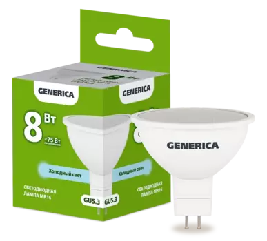 Лампа светодиодная GU5.3, MR16, 8Вт, 800лм, 6500K/холодный, 80-89 Ra, GENERICA (LL-MR16-08-230-65-GU5-G)