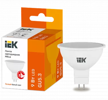 Лампа светодиодная GU5.3, MR16, 9Вт, 810лм, 3000K/теплый, 80-89 Ra, IEK (LLE-MR16-9-230-30-GU5)