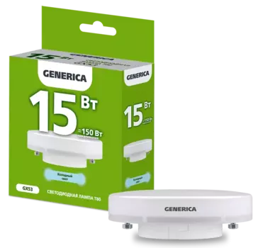 Лампа светодиодная GX53, T80, 15Вт, 1500лм, 6500 K/дневной, 89 Ra, GENERICA (LL-T80-15-230-65-GX53-G)