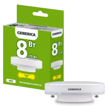 Лампа светодиодная GX53, T80, 8Вт, 800лм, 3000 K/теплый, 80-89 Ra, GENERICA (LL-T80-08-230-30-GX53-G)
