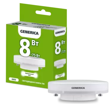 Лампа светодиодная GX53, T80, 8Вт, 800лм, 4000 K/нейтральный, 80-89 Ra, GENERICA (LL-T80-08-230-40-GX53-G)