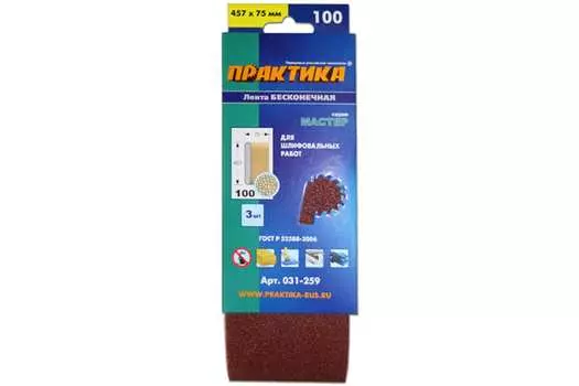 Лента шлифовальная Практика, P100, 75х457мм, тканевая основа, 3 шт. (031-259)