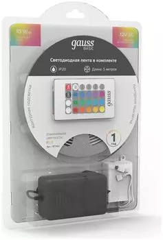 Лента светодиодная, 5 м, SMD 5050, 60 шт./10 Вт на метр, 12V, RGB, IP20 Gauss (BT042)