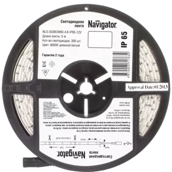Лента светодиодная 71763, 5 м, 60 шт./4.8 Вт на метр, 12V, 6000K, белый, IP65 Navigator (NLS-3528CW60-4.8-IP65-12V R5)
