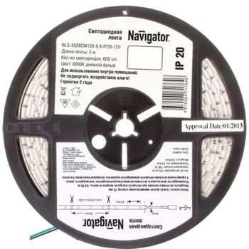 Лента светодиодная 71764, 5 м, 120 шт./9.6 Вт на метр, 12V, 6000K, белый, IP20 Navigator (NLS-3528CW120-9.6-IP20-12V R5)
