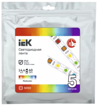Лента светодиодная LSR-5050RGB60-14,4-IP65-12В, 5м, SMD 5050, 60шт./14.4Вт на метр, 12V, разноцветный IEK (LSR2-3-060-65-3-05)