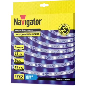 Лента светодиодная NLS-2835BST72-6-IP20-12V, 5м, 72шт./6Вт на метр, 12V, синий/голубой, IP20 Navigator (14473)
