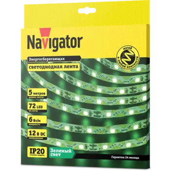 Лента светодиодная NLS-2835GST72-6-IP20-12V, 5м, 72шт./6Вт на метр, 12V, зелёный, IP20 Navigator (14474)