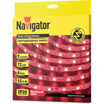 Лента светодиодная NLS-2835RST72-6-IP20-12V, 5м, 72шт./6Вт на метр, 12V, красный, IP20 Navigator (14472)