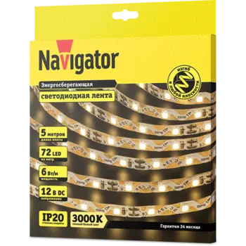 Лента светодиодная NLS-2835WWST72-6-IP20-12V, 5м, 72шт./6Вт на метр, 12V, 3000K, белый, IP20 Navigator (14471)