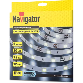 Лента светодиодная NLS-5050CW30-7.2-IP20-12V R5, 5м, 30шт./7.2Вт на метр, 12V, 6000K, белый, IP20 Navigator (71766)