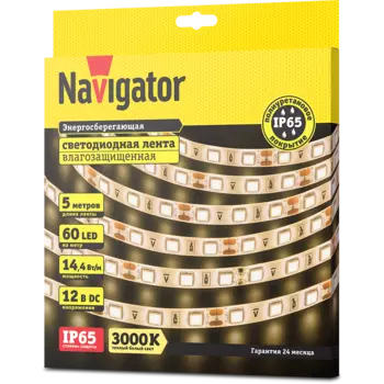 Лента светодиодная NLS-5050WW60-14.4, 5м, 60шт./14.4Вт на метр, 12V, 3000K, белый, IP65 Navigator (71427)