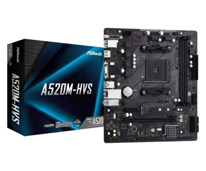 Материнская плата ASRock A520M-HVS, SocketAM4, AMD A520, 2xDDR4, PCI-Ex16, 4SATA3, 7.1-ch, GLAN, 6 USB 3.2, VGA, HDMI, mATX, Retail