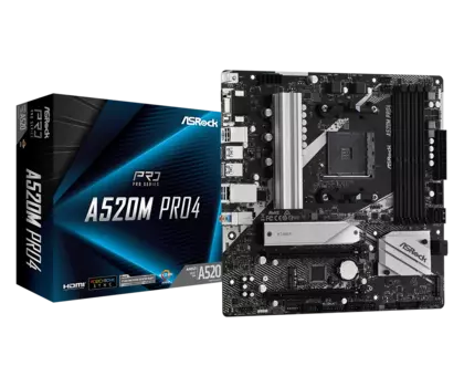 Материнская плата ASRock A520M PRO4, SocketAM4, AMD A520, 4xDDR4, 2PCI-Ex16, 4SATA3, 7.1-ch, GLAN, 9 USB 3.2, 1 USB Type-C, VGA, HDMI, DP, mATX, Retail