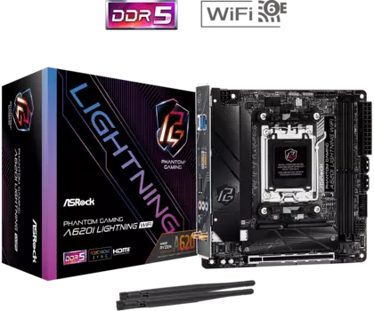 Материнская плата ASRock A620I LIGHTNING WIFI, AM5, AMD A620, 2xDDR5 DIMM, PCI-Ex16, 2SATA3, 7.1-ch, 2.5GLAN, 5 USB 3.2, 2 USB Type-C, HDMI, mini-ITX, Retail