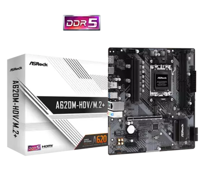 Материнская плата ASRock A620M-HDV/M.2+, AM5, AMD A620, 2xDDR5 DIMM, PCI-Ex16, 4SATA3, 7.1-ch, GLAN, 5 USB 3.2, 1 USB Type-C, HDMI, DP, mATX, Retail