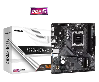 Материнская плата ASRock A620M-HDV/M.2, AM5, AMD A620, 2xDDR5 DIMM, PCI-Ex16, 2SATA3, 7.1-ch, GLAN, 4 USB 3.2, 1 USB Type-C, HDMI, DP, mATX, Retail