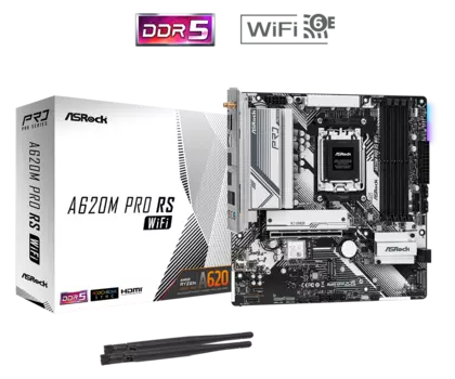 Материнская плата ASRock A620M PRO RS WIFI, AM5, AMD A620, 4xDDR5 DIMM, PCI-Ex16, 4SATA3, 7.1-ch, GLAN, 5 USB 3.2, 2 USB Type-C, HDMI, DP, mATX, Retail