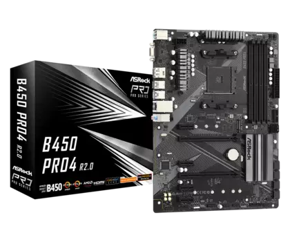 Материнская плата ASRock B450 PRO4 R2.0, SocketAM4, AMD B450, 4xDDR4, 2PCI-Ex16, 6SATA3, 7.1-ch, GLAN, 7 USB 3.2, 1 USB Type-C, VGA, HDMI, DP, ATX, Retail