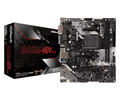 Материнская плата ASRock B450M-HDV R4.0, SocketAM4, AMD B450, 2xDDR4, PCI-Ex16, 4SATA3, 7.1-ch, 6 USB 3.1, VGA, DVI, HDMI, mATX, Retail