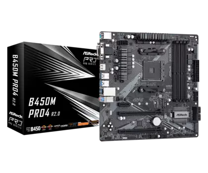 Материнская плата ASRock B450M PRO4 R2.0, SocketAM4, AMD B450, 4xDDR4, 2PCI-Ex16, 4SATA3, 7.1-ch, GLAN, 8 USB 3.2, VGA, DVI, HDMI, mATX, Retail