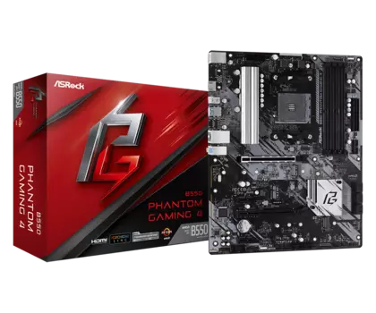 Материнская плата ASRock B550 PHANTOM GAMING 4, SocketAM4, AMD B550, 4xDDR4, 2PCI-Ex16, 6SATA3, 7.1-ch, GLAN, 8 USB 3.2, HDMI, ATX, Retail