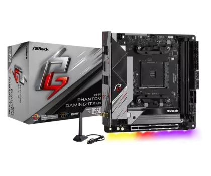 Материнская плата ASRock B550 PHANTOM GAMING-ITX/AX, SocketAM4, AMD B550, 2xDDR4, PCI-Ex16, 4SATA3, 7.1-ch, 2.5GLAN, 7USB 3.2, 2USB Type-C, HDMI, DisplayPort, mini-ITX, Retail