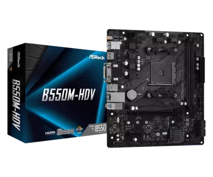 Материнская плата ASRock B550M-HDV, SocketAM4, AMD B550, 2xDDR4, PCI-Ex16, 4SATA3, 7.1-ch, GLAN, 6 USB 3.2, VGA, DVI, HDMI, mATX, Retail