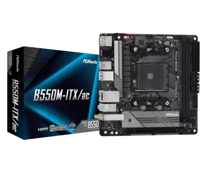 Материнская плата ASRock B550M-ITX/AC, SocketAM4, AMD B550, 2xDDR4, PCI-Ex16, 4SATA3, 7.1-ch, GLAN, 5 USB 3.2, 1 USB Type-C, HDMI, DP, mini-ITX, Retail