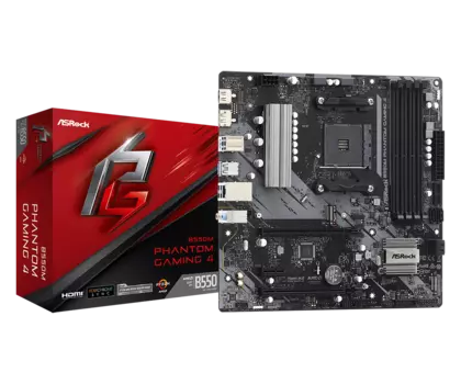 Материнская плата ASRock B550M PHANTOM GAMING 4, SocketAM4, AMD B550, 4xDDR4, 2PCI-Ex16, 4SATA3, 7.1-ch, GLAN, 8 USB 3.2, HDMI, DP, mATX, Retail