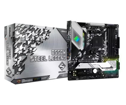 Материнская плата ASRock B550M STEEL LEGEND, SocketAM4, AMD B550, 4xDDR4, 2PCI-Ex16, 6SATA3, 7.1-ch, 2.5GLAN, 9USB 3.2, USB Type-C, HDMI, DisplayPort, mATX, Retail