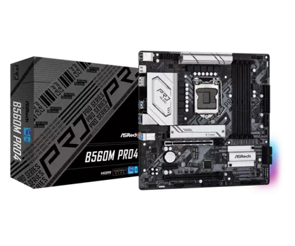Материнская плата ASRock B560M PRO4, Socket1200, Intel B560, 4xDDR4, PCI-Ex16, 6SATA3, 7.1-ch, GLAN, 7USB 3.2, HDMI, DisplayPort, mATX, Retail