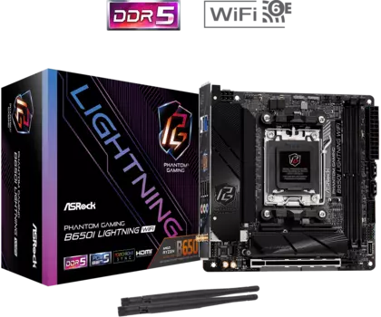 Материнская плата ASRock B650I LIGHTNING WIFI, AM5, AMD B650, 2xDDR5 DIMM, PCI-Ex16, 2SATA3, 7.1-ch, 2.5GLAN, 5 USB 3.2, 2 USB Type-C, HDMI, mini-ITX, Retail
