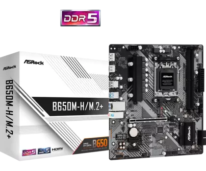 Материнская плата ASRock B650M-H/M.2+, AM5, AMD B650, 2xDDR5 DIMM, 2PCI-Ex16, 4SATA3, 7.1-ch, GLAN, 5 USB 3.2, 1 USB Type-C, HDMI, DP, mATX, Retail