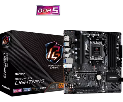 Материнская плата ASRock B650M PG LIGHTNING, AM5, AMD B650, 4xDDR5 DIMM, 2PCI-Ex16, 4SATA3, 7.1-ch, 2.5GLAN, 7 USB 3.2, 2 USB Type-C, HDMI, DP, mATX, Retail