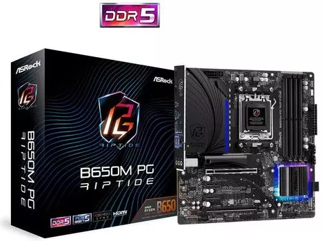 Материнская плата ASRock B650M PG RIPTIDE, AM5, AMD B650, 4xDDR5 DIMM, 2PCI-Ex16, 4SATA3, 7.1-ch, 2.5GLAN, 7 USB 3.2, 1 USB Type-C, HDMI, DP, mATX, Retail