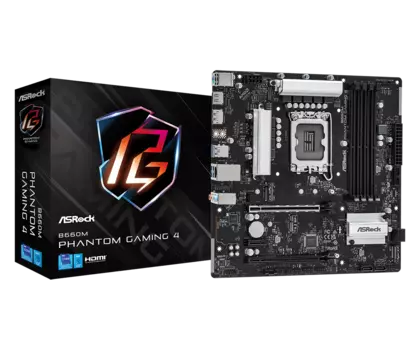 Материнская плата ASRock B660M PHANTOM GAMING 4, Socket1700, Intel B660, 4xDDR4, 2PCI-Ex16, 4SATA3, 7.1-ch, GLAN, 6 USB 3.1, HDMI, DP, mATX, Retail
