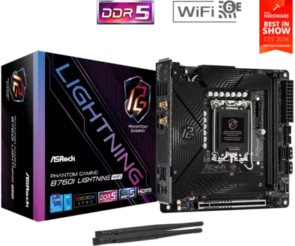 Материнская плата ASRock B760I LIGHTNING WIFI, Socket1700, Intel B760, 2xDDR5 DIMM, PCI-Ex16, 3SATA3, 7.1-ch, 2.5GLAN, 7 USB 3.2, 2 USB Type-C, HDMI, DP, mini-ITX, Retail