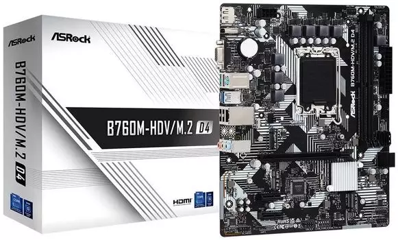 Материнская плата ASRock B760M-HDV/M.2 D4, Socket1700, Intel B760, 2xDDR4, PCI-Ex16, 4SATA3, 7.1-ch, GLAN, 5 USB 3.2, VGA, HDMI, DP, mATX, Retail